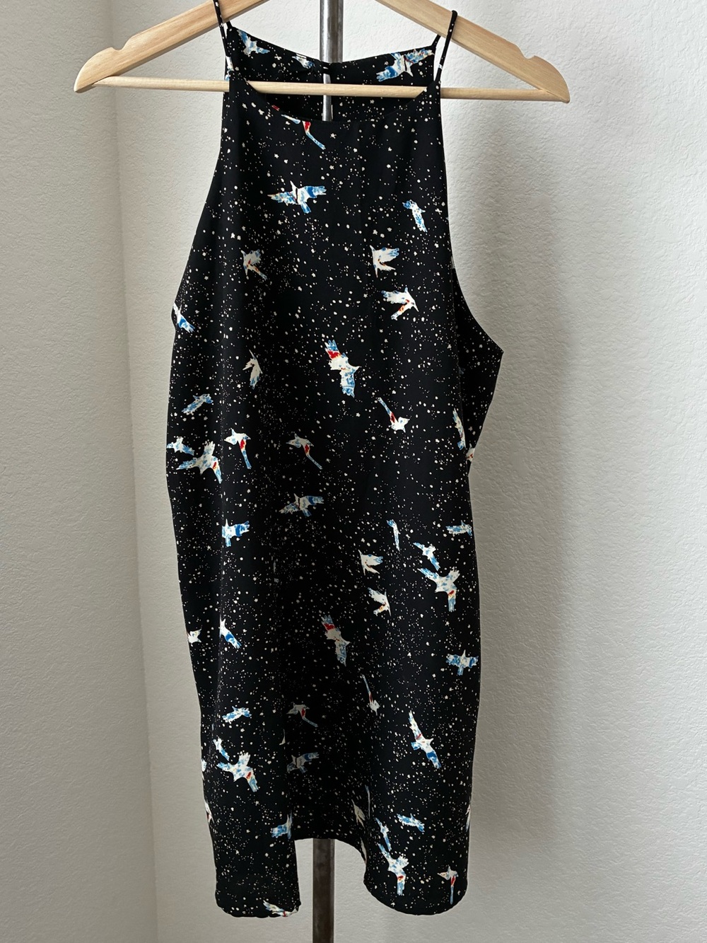 Fab'rik sz L Summer Dress Bird Print Black Spaghetti Straps Keyhole Quirky Flowy